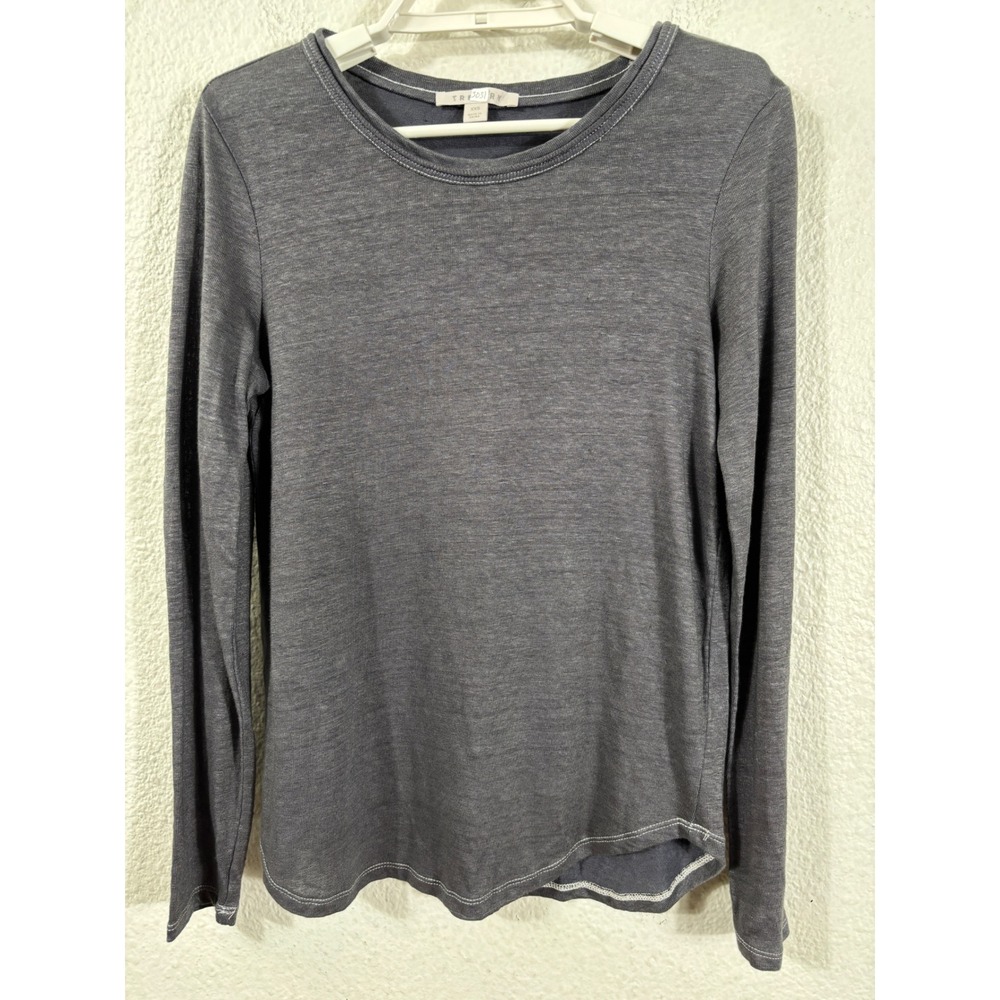 Trenery Long Sleeve Top Womens XXS Gray Linen Blend Crew Neck Contrast Stitch